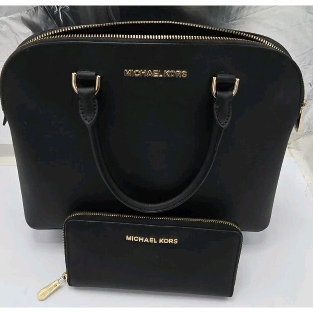 Michael Kors Black Saffiano Leather Dome Satchel Handbag and Wallet Set Gold HW